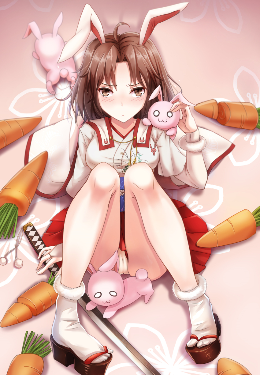 1girl :3 animal_ears brown_eyes brown_hair cape carrot female_focus floral_background highres japanese_clothes kara_no_kyoukai panties pink_background rabbit rabbit_ears red_skirt rojiura_satsuki_:_chapter_heroine_sanctuary ryougi_shiki ryougi_shiki_(decapitating_bunny) sandals short_hair sitting skirt socks solo sword underwear weapon white_panties yuemanhuaikong