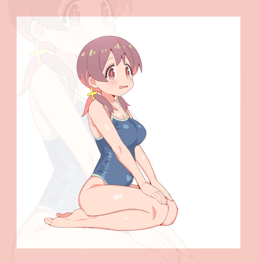 1girl bare_arms bare_legs bare_shoulders barefoot blue_one-piece_swimsuit blush border breasts brown_eyes brown_hair commentary competition_school_swimsuit full_body hands_on_own_knees highres karubi_(karubi465558) long_hair low_twintails medium_breasts multicolored_hair murosaki_miyo one-piece_swimsuit onii-chan_wa_oshimai! open_mouth pink_border red_hair school_swimsuit seiza simple_background sitting solo swimsuit twintails two-tone_hair white_background zoom_layer