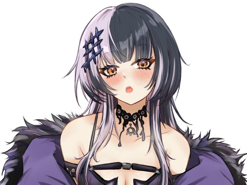 1girl black_choker black_hair blush breasts choker cleavage coat fur-trimmed_coat fur_trim grey_hair hair_ornament highres hololive hololive_english long_hair looking_at_viewer multicolored_hair open_mouth penguin_stamp purple_coat shiori_novella shiori_novella_(1st_costume) simple_background solo split-color_hair two-tone_hair virtual_youtuber white_background yellow_eyes