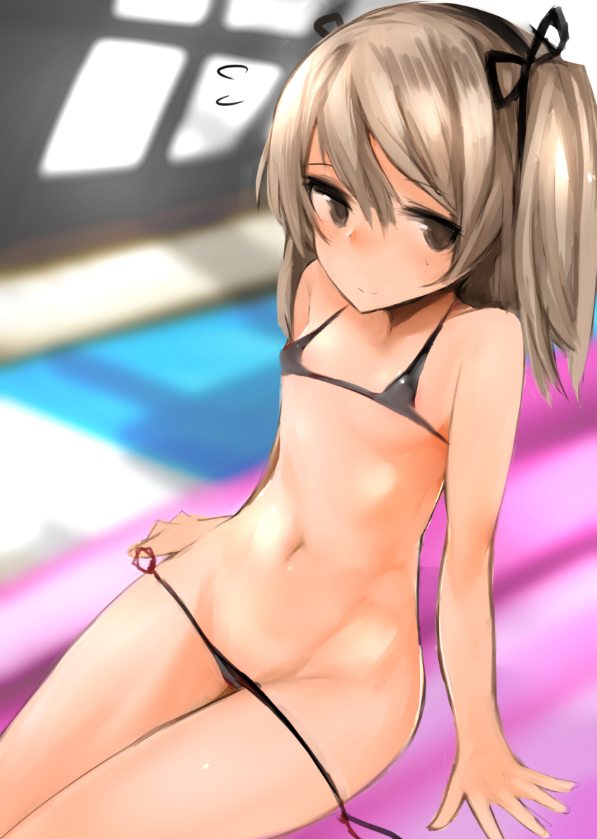 10s 1girl bikini black_bikini blush breasts female_focus flying_sweatdrops girls_und_panzer grey_eyes grey_hair highres micro_bikini muoto navel rei_no_pool shimada_arisu sitting small_breasts smile solo swimsuit twintails