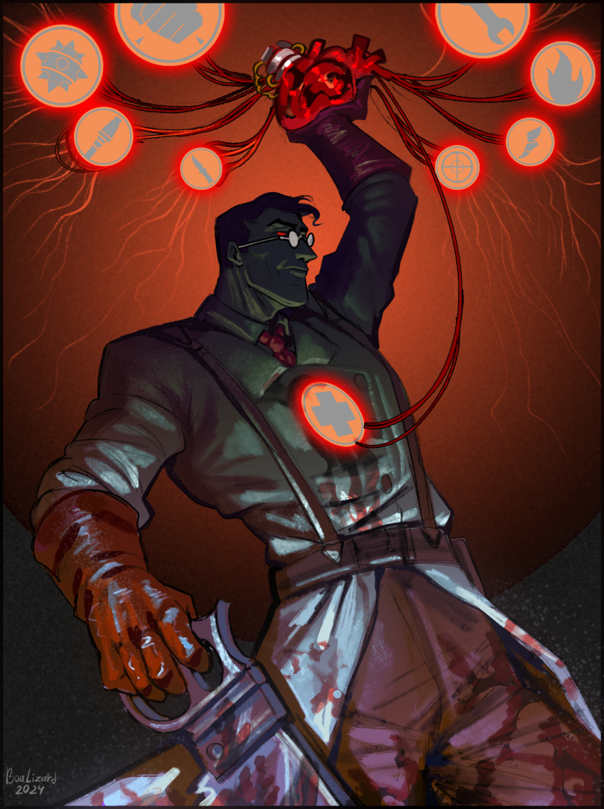 1boy arm_up black_hair blood blood_on_clothes blood_vessels boalizard bonesaw cheekbones glasses gloves glowing glowing_eyes grin heart_(organ) highres long_coat male_focus mature_male medic_(tf2) necktie red_eyes red_gloves red_medic_(tf2) rubber_gloves saw short_hair smile solo suspenders team_fortress_2