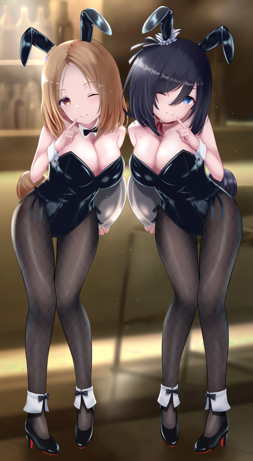 2girls absurdres alternate_costume animal_ears bar_(place) black_hair black_leotard blonde_hair blue_eyes breasts cleavage commission eishin_flash_(umamusume) fishnet_pantyhose fishnets forehead hair_between_eyes hair_ornament highres horse_ears horse_girl horse_tail illustoekaki leotard looking_at_viewer medium_breasts multiple_girls narita_top_road_(umamusume) one_eye_closed pantyhose pixiv_commission playboy_bunny shoes signature sleeveless standing strapless strapless_leotard tail tray umamusume yellow_eyes