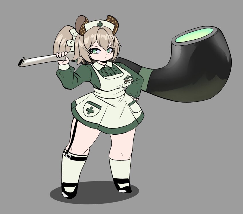 animal_ears apron bow breasts brown_hair dress green_dress green_eyes grey_background hat highres indie_virtual_youtuber large_breasts looking_at_viewer medium_hair nimi_nightmare nurse_cap peagade simple_background smoking_pipe standing tagme tapir_ears tapir_girl thighhighs virtual_youtuber white_bow white_thighhighs