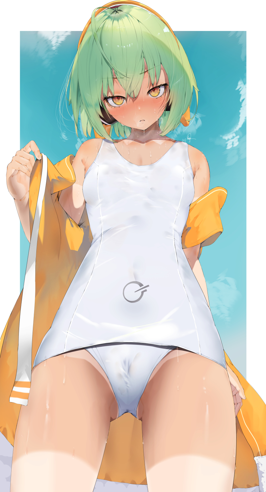 1girl absurdres blue_background blush breasts cameltoe chunithm collarbone commentary_request covered_navel cowboy_shot from_below green_hair hairband highres jacket jacket_partially_removed kisaragi_yaya looking_at_viewer one-piece_swimsuit open_mouth orange_hairband school_swimsuit short_hair sky_feather_(chunithm) solo sweat swimsuit tan tanline white_one-piece_swimsuit yellow_eyes yellow_jacket