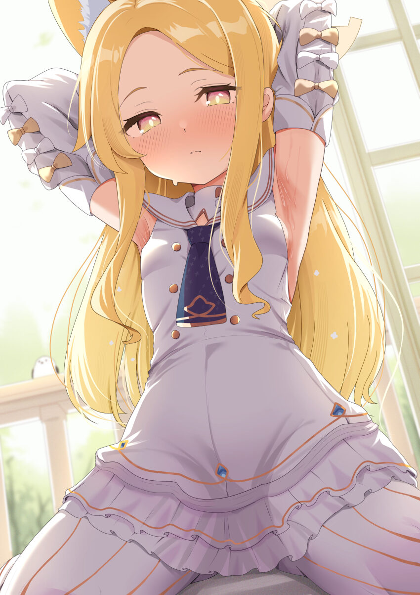 1girl absurdres animal_ear_fluff animal_ears aoto_mei armpits arms_behind_head arms_up bird blonde_hair blue_archive blush breasts closed_mouth commentary_request detached_sleeves dress extra_ears forehead fox_ears fox_girl halo highres long_hair long_sleeves looking_at_viewer pantyhose sailor_collar seia_(blue_archive) sidelocks sleeveless sleeveless_dress small_breasts solo striped_clothes striped_pantyhose sweat vertical-striped_clothes vertical-striped_pantyhose white_dress white_pantyhose white_sailor_collar white_sleeves yellow_eyes yellow_halo