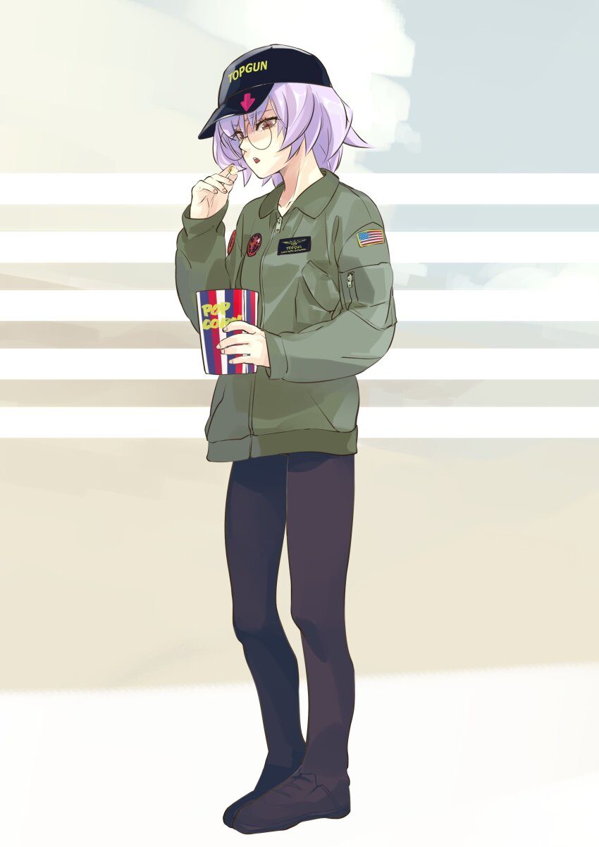 1boy absurdres alternate_costume american_flag arrow_(symbol) bedman black_headwear bucket eating food full_body green_jacket guilty_gear guilty_gear_xrd highres holding holding_food jacket light_purple_hair looking_at_viewer male_focus medium_hair pierro_wpmp popcorn round_eyewear standing top_gun yellow_eyes