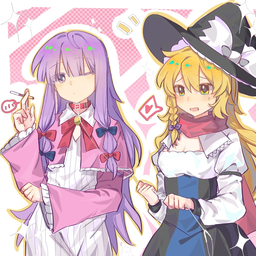 2girls black_dress black_hat blonde_hair blue_bow blunt_bangs blush bow bowtie braid capelet chinese_commentary cigarette closed_mouth commentary_request cookie_(touhou) cowboy_shot dress expressionless frilled_capelet frills hair_bow hat hat_bow highres holding holding_cigarette jidan_fang_sha_ji kirisame_marisa leash leash_pull long_hair long_sleeves mars_(cookie) multiple_girls multiple_hair_bows one_eye_closed open_mouth patchouli_knowledge pink_hair purple_bow purple_eyes purple_hair red_bow red_bowtie red_scarf scarf shirt side_braid sidelocks single_braid smile striped_clothes striped_dress taisa_(cookie) touhou vertical-striped_clothes vertical-striped_dress very_long_hair white_bow white_dress white_shirt witch_hat