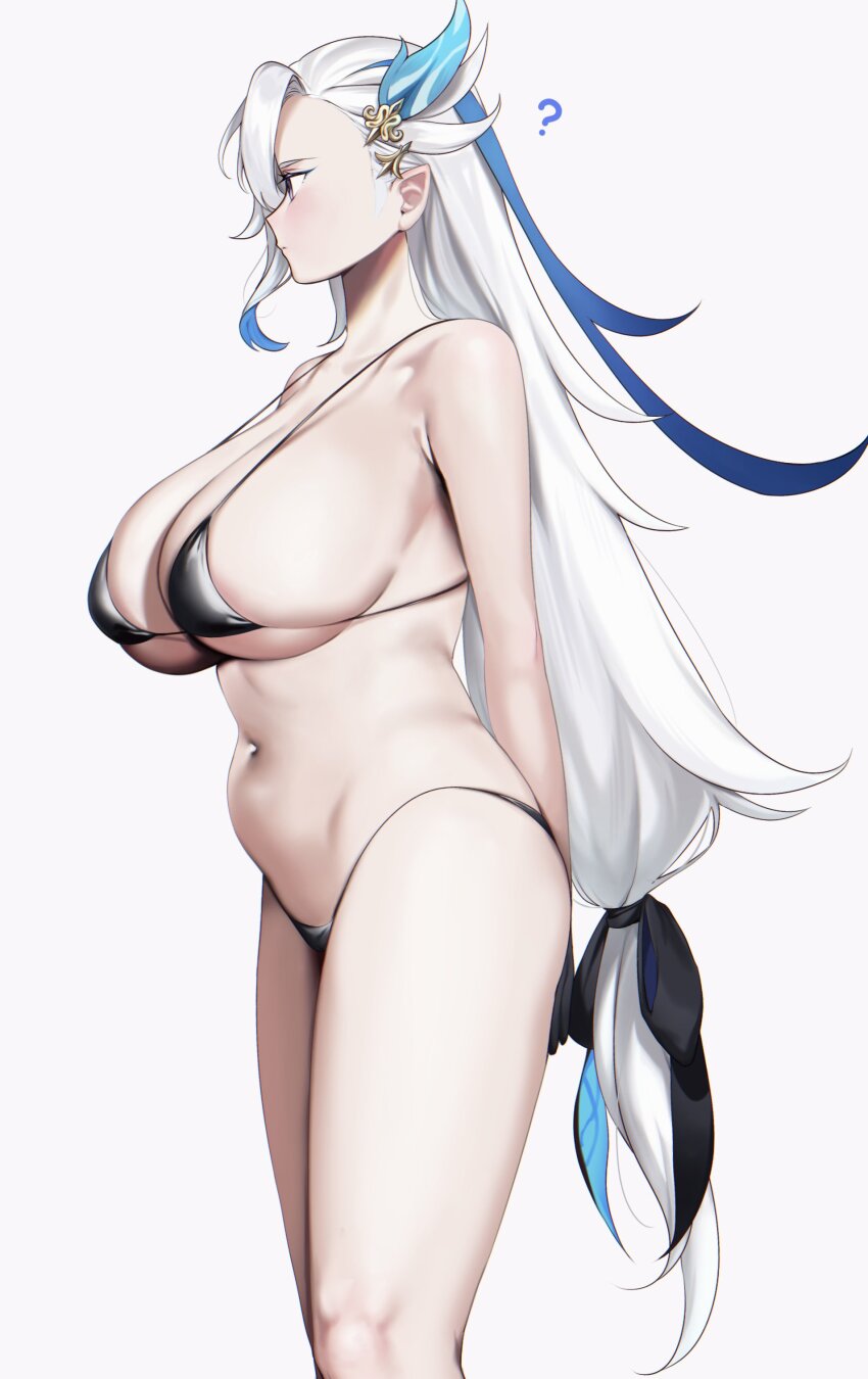 1girl 314khk ? absurdres arms_behind_back bikini black_bikini black_ribbon blue_hair breasts closed_mouth from_side genderswap genderswap_(mtf) genshin_impact grey_background hair_ornament hair_ribbon highres huge_breasts long_hair low-tied_long_hair multicolored_hair neuvillette_(genshin_impact) pointy_ears profile purple_eyes ribbon simple_background solo swimsuit very_long_hair white_hair