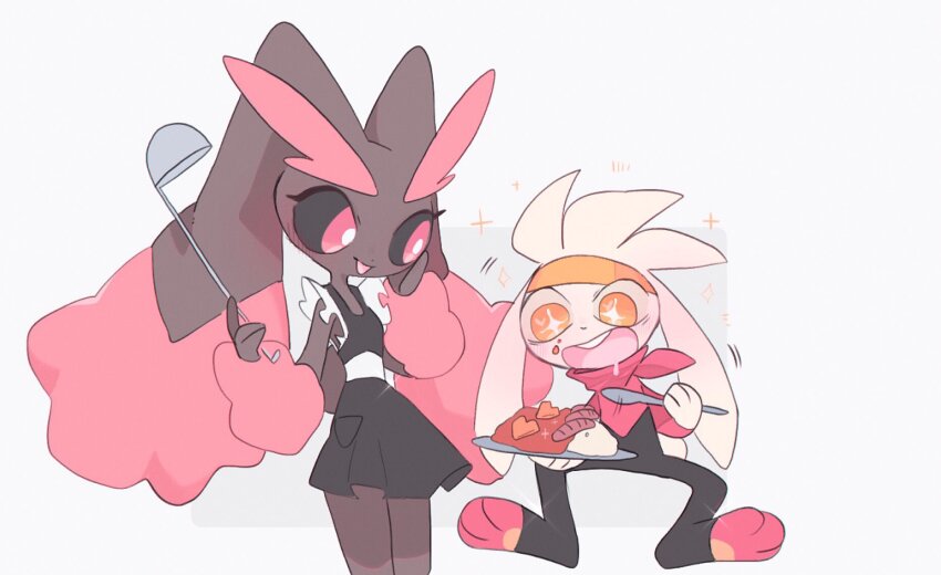 1boy 1girl :d alternate_color animal_ears animal_hands animal_nose bandana black_dress black_sclera body_fur brown_fur colored_sclera creatures_(company) curry dress food full_body furry furry_female game_freak gen_4_pokemon gen_8_pokemon highres holding holding_plate looking_at_another lopunny masayo_(skip) nintendo open_mouth pink_eyes pink_fur plate pokemon pokemon_(creature) rabbit_ears rabbit_girl rabbit_tail raboot red_bandana shiny_pokemon simple_background smile standing tail two-tone_fur white_background white_fur yellow_eyes