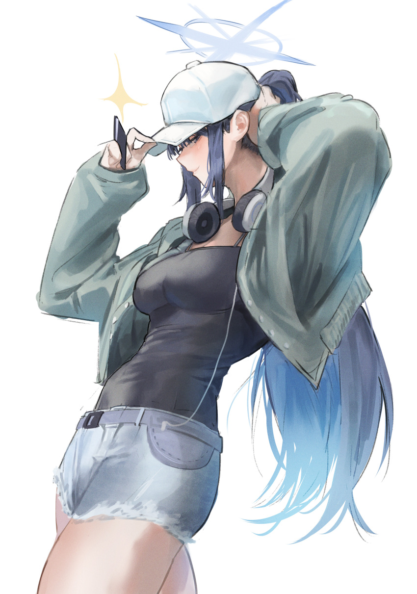 1girl absurdres adjusting_clothes adjusting_headwear aqua_jacket baseball_cap between_fingers black_camisole blue_archive blush breasts camisole card card_between_fingers denim denim_shorts ggz_(gguzal_95) halo hat headphones headphones_around_neck highres holding jacket long_hair medium_breasts official_alternate_costume ponytail saori_(blue_archive) saori_(swimsuit)_(blue_archive) short_shorts shorts sideways_glance simple_background smile solo thighs very_long_hair white_background white_hat