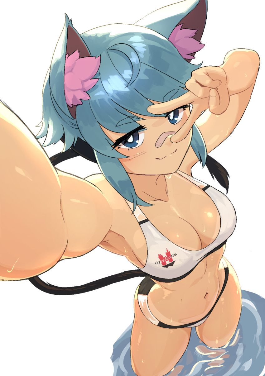 1girl animal_ear_fluff animal_ears armpits bikini blue_eyes blue_hair breasts bright_pupils cat_ears cat_tail cleavage from_above gift_art highres medium_breasts original outstretched_arm selfie simple_background solo suweeka swimsuit tail v_over_eye wading white_bikini white_pupils