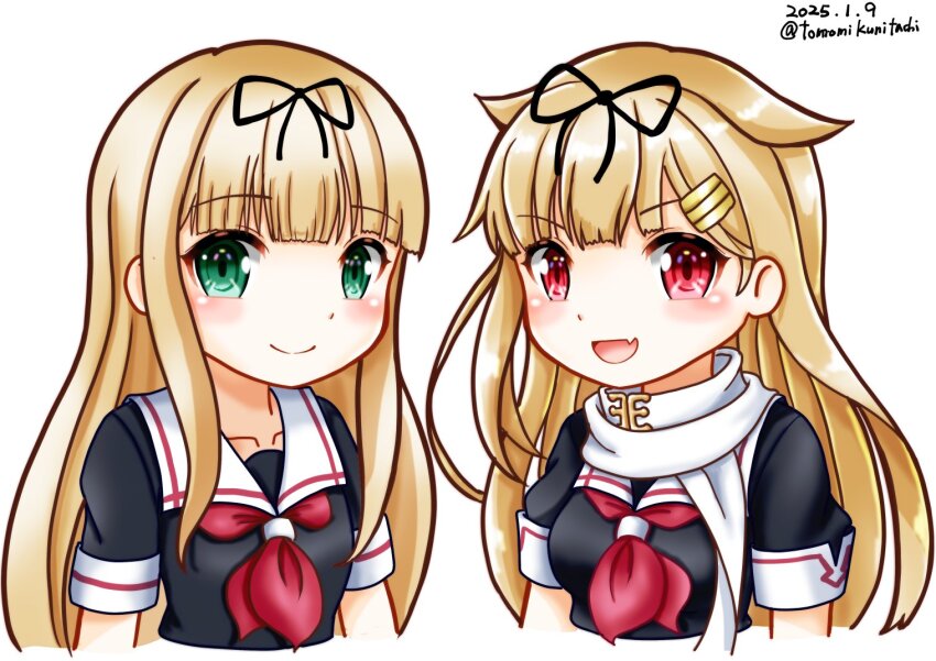 2girls black_serafuku blonde_hair blunt_bangs commentary_request dated dual_persona fang green_eyes hair_flaps hair_ribbon kantai_collection long_hair multiple_girls neckerchief one-hour_drawing_challenge red_eyes red_neckerchief ribbon sailor_collar scarf school_uniform serafuku simple_background skin_fang smile twitter_username upper_body ura_tomomi white_background white_sailor_collar white_scarf yuudachi_(kancolle) yuudachi_kai_ni_(kancolle)