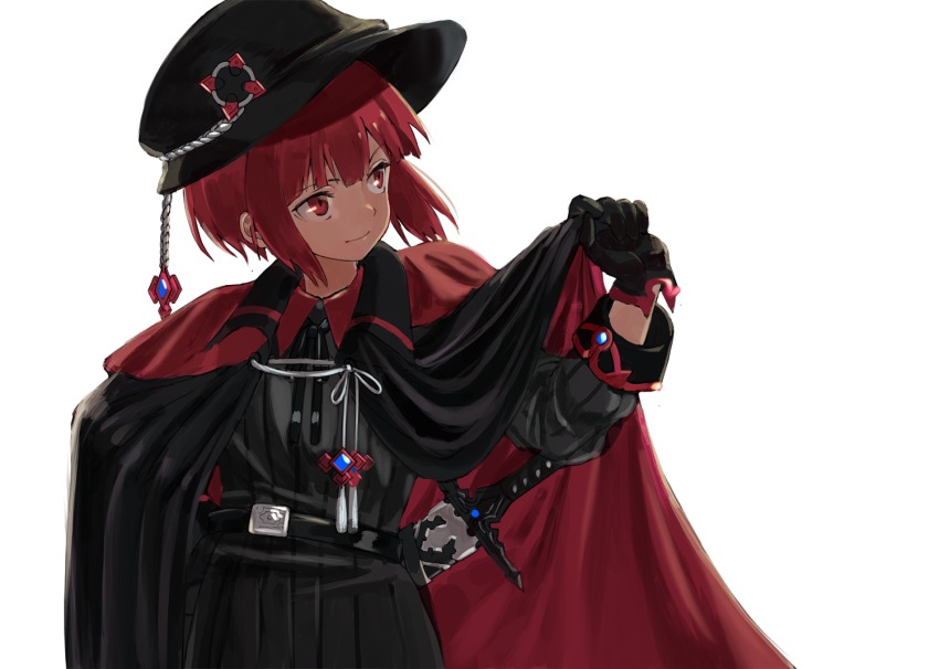 10s 1girl alternate_costume alternate_eye_color alternate_hair_color cape cape_tug commentary female_focus flat_cap gloves hand_on_own_hip hat kantai_collection looking_away red_eyes red_hair ruisento sheath sheathed short_hair simple_background solo sword upper_body weapon white_background z3_max_schultz_(kancolle)