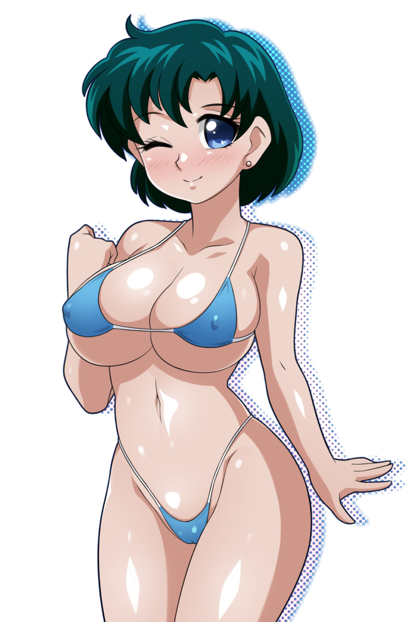 1girl absurdres bikini bishoujo_senshi_sailor_moon blue_bikini blue_eyes blue_hair breasts commentary_request covered_erect_nipples cowboy_shot highleg highleg_bikini highres hoimin_(anchangdeath) large_breasts looking_at_viewer micro_bikini mizuno_ami one_eye_closed short_hair simple_background solo standing swimsuit white_background