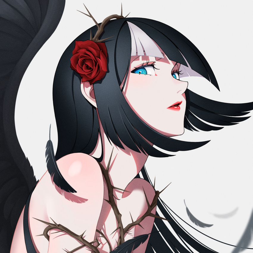 1girl black_hair black_wings blue_eyes blunt_bangs commentary english_commentary feathered_wings feathers flower grey_hair highres lipstick long_hair looking_at_viewer makeup mi_xiaoyou multicolored_hair original parted_lips red_lips rose simple_background thorns two-tone_hair upper_body wings