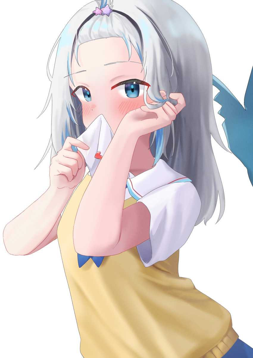 1girl absurdres bangs_pinned_back blue_eyes blue_hair blue_necktie blush commentary_request covering_own_mouth fins fish_tail forehead gawr_gura gawr_gura_(school_uniform) grey_hair highres holding holding_letter hololive hololive_english kurushiro1102 letter long_hair looking_at_viewer love_letter multicolored_hair necktie official_alternate_costume official_alternate_hairstyle sailor_collar school_uniform shark_tail shirt short_necktie short_sleeves solo streaked_hair sweater_vest tail twirling_hair two_side_up vest virtual_youtuber white_sailor_collar white_shirt yellow_vest