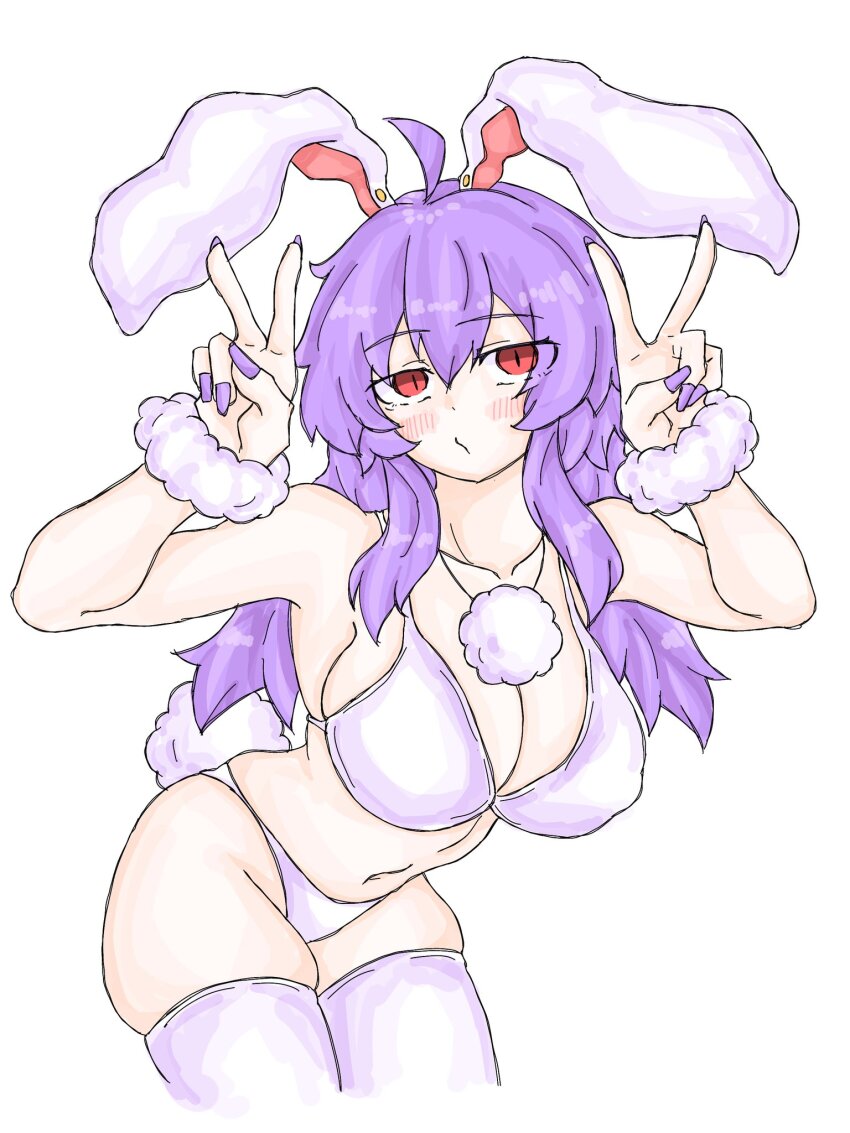 1girl ahoge animal_ears blush bra bracelet breasts cowboy_shot double_v fingernails fumomono fur_bracelet highres jewelry large_breasts long_fingernails long_hair navel necklace panties purple_hair purple_nails pursed_lips rabbit_ears rabbit_girl rabbit_tail red_eyes reisen_udongein_inaba simple_background solo tail thighhighs touhou underwear v white_background