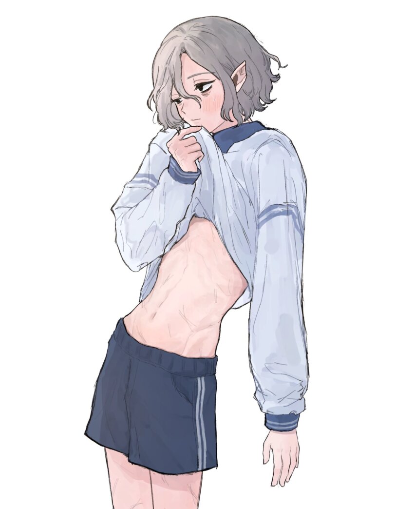 1boy black_eyes blue_shorts blush clothes_lift dungeon_meshi elf grey_hair highres lazy_eye male_focus mchi125 midriff mithrun navel pointy_ears shirt_lift shorts simple_background solo sweatdrop white_background