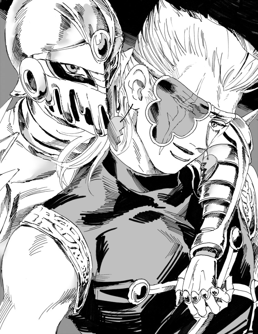 1boy arm_around_neck bad_id bad_twitter_id earrings eyepatch greyscale highres jean_pierre_polnareff jewelry jojo_no_kimyou_na_bouken male_focus monochrome nebanomako one_eye_closed scar scar_across_eye scar_on_face silver_chariot stand_(jojo)