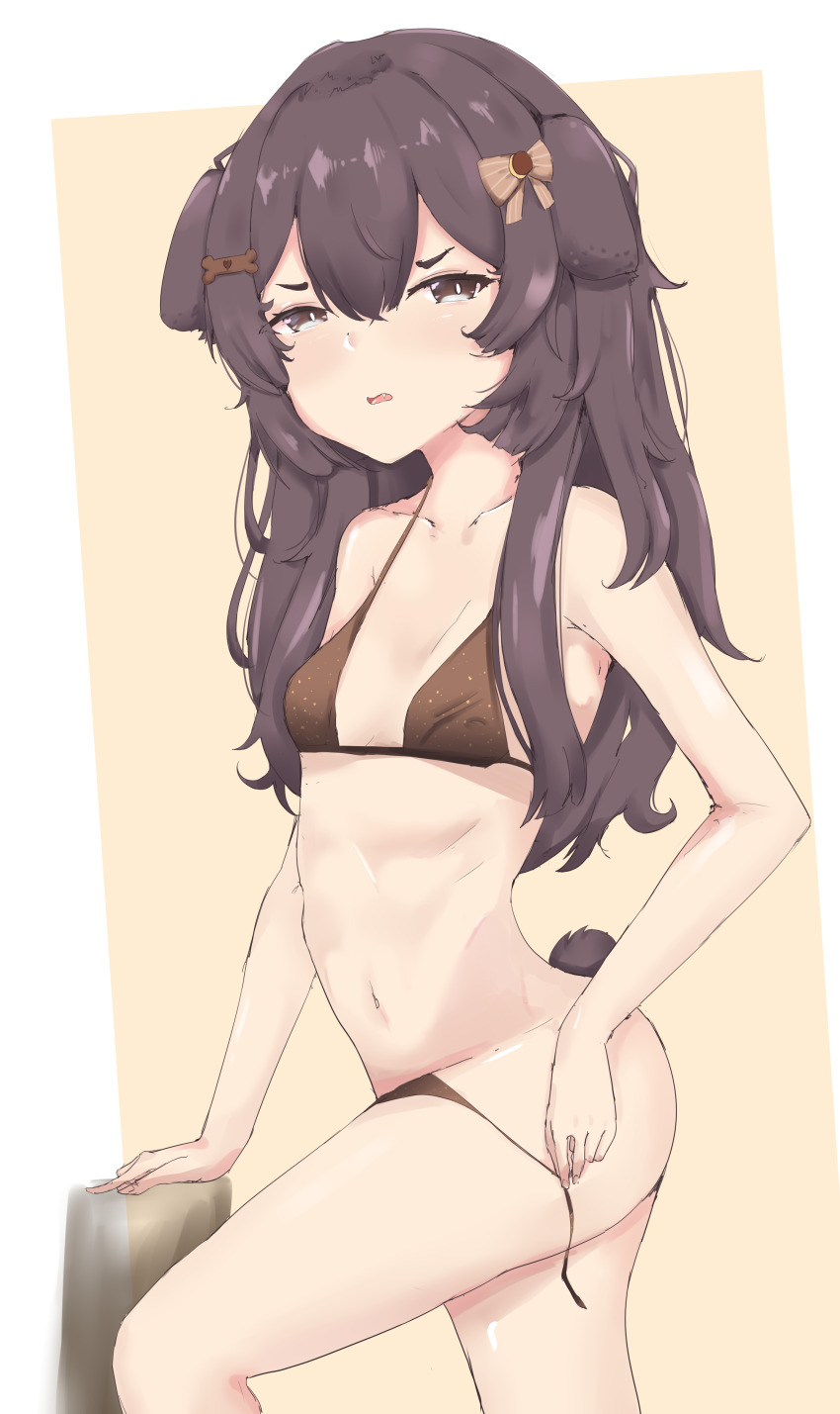 1girl absurdres animal_ears artist_request bikini bow breasts brown_eyes brown_hair collarbone dog_ears dog_tail hair_bow hair_ornament hairclip highres inukai_purin long_hair looking_at_viewer navel small_breasts solo swimsuit tail tsunderia untied_bikini virtual_youtuber