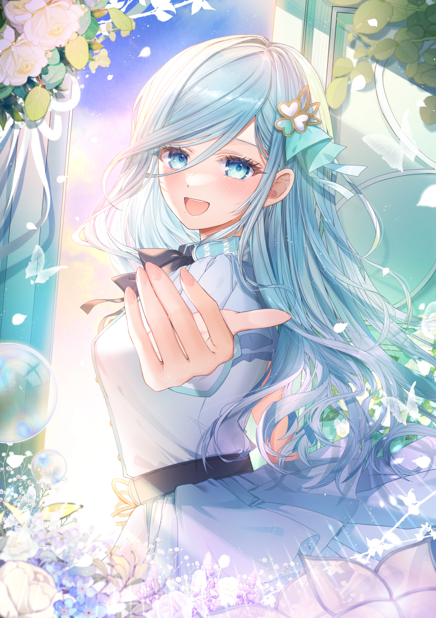 1girl absurdres ascot belt black_ascot black_belt blue_eyes blue_hair clover_print commentary dress falling_petals flower frilled_dress frills hair_ornament heart heart_print highres hinomori_shizuku light_particles looking_at_viewer mairu003 open_mouth petals project_sekai reaching reaching_towards_viewer sidelocks simple_butterfly smile solo swept_bangs white_dress white_flower