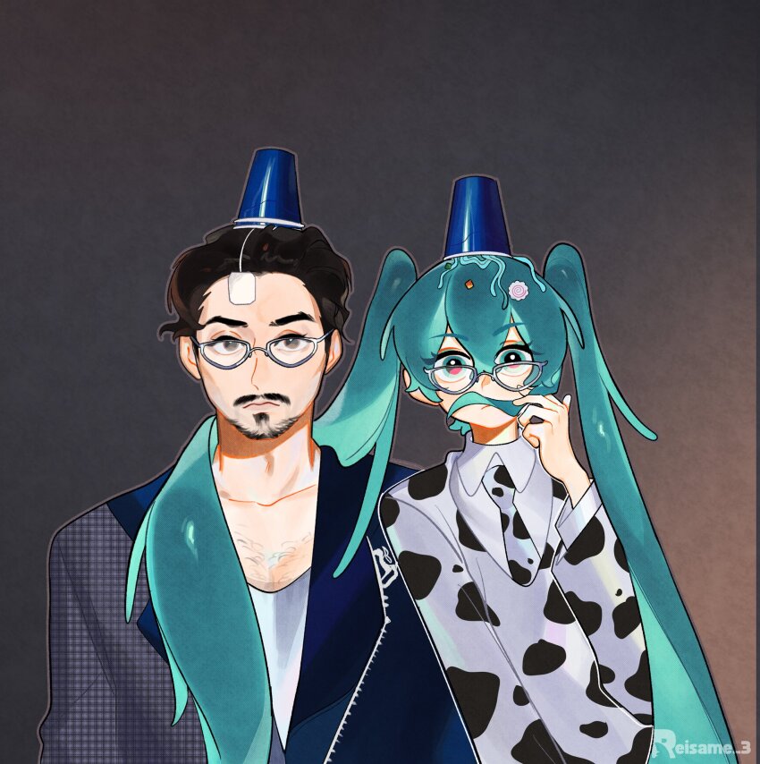 1boy 1girl animal_print aqua_eyes aqua_hair bbno$ chest_hair cow_print eyelashes facial_hair glasses hatsune_miku highres mustache necktie pale_skin real_life reisame twintails vocaloid