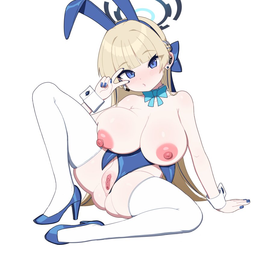1girl absurdres animal_ears arm_support blonde_hair blue_archive blue_bow blue_bowtie blue_eyes blue_footwear blue_leotard blue_nails blunt_bangs bow bowtie breasts clothing_aside cromachina fake_animal_ears full_body halo high_heels highres large_breasts leotard leotard_aside long_hair looking_at_viewer nipples open_mouth playboy_bunny pussy rabbit_ears shoes simple_background sitting solo thighhighs toki_(blue_archive) toki_(bunny)_(blue_archive) uncensored v white_background white_thighhighs wrist_cuffs
