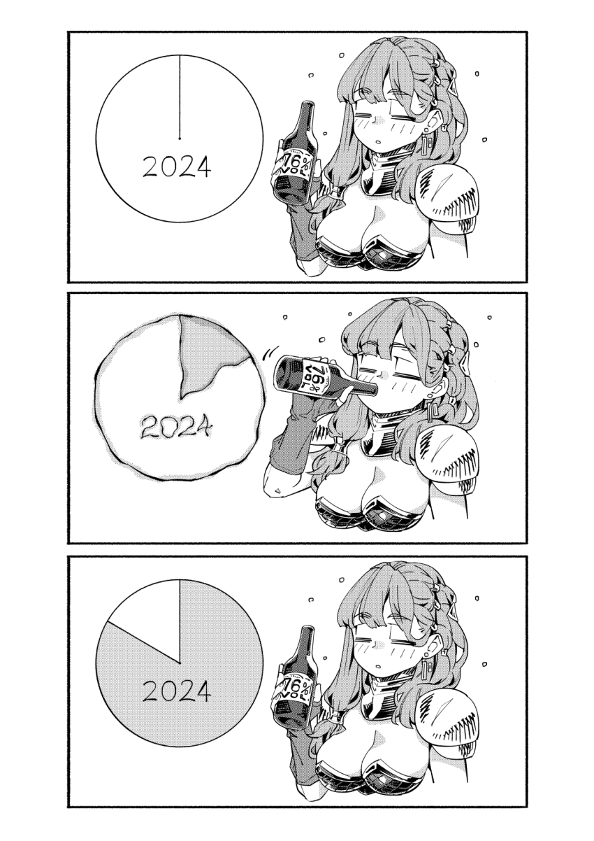 1girl 2024 3koma alcohol armor artist_request bottle breasts character_request cleavage closed_eyes comic drinking drunk highres large_breasts monochrome open_mouth solo source_request