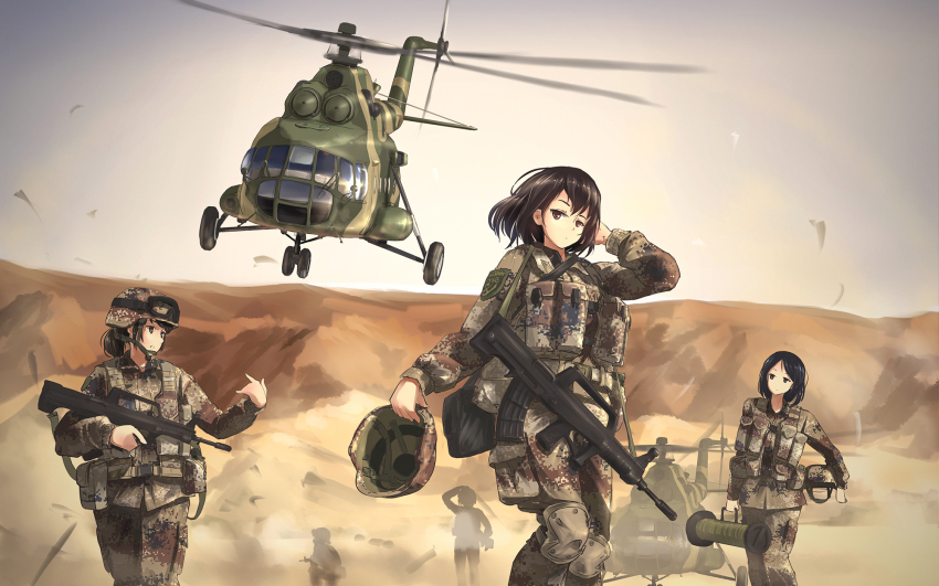 5girls aircraft assault_rifle bullpup desert gun unworn_headwear helicopter helmet unworn_helmet highres holding holding_helmet holding_weapon mi-171 military multiple_girls people&#039;s_liberation_army qbz-95 rifle rocket_launcher weapon