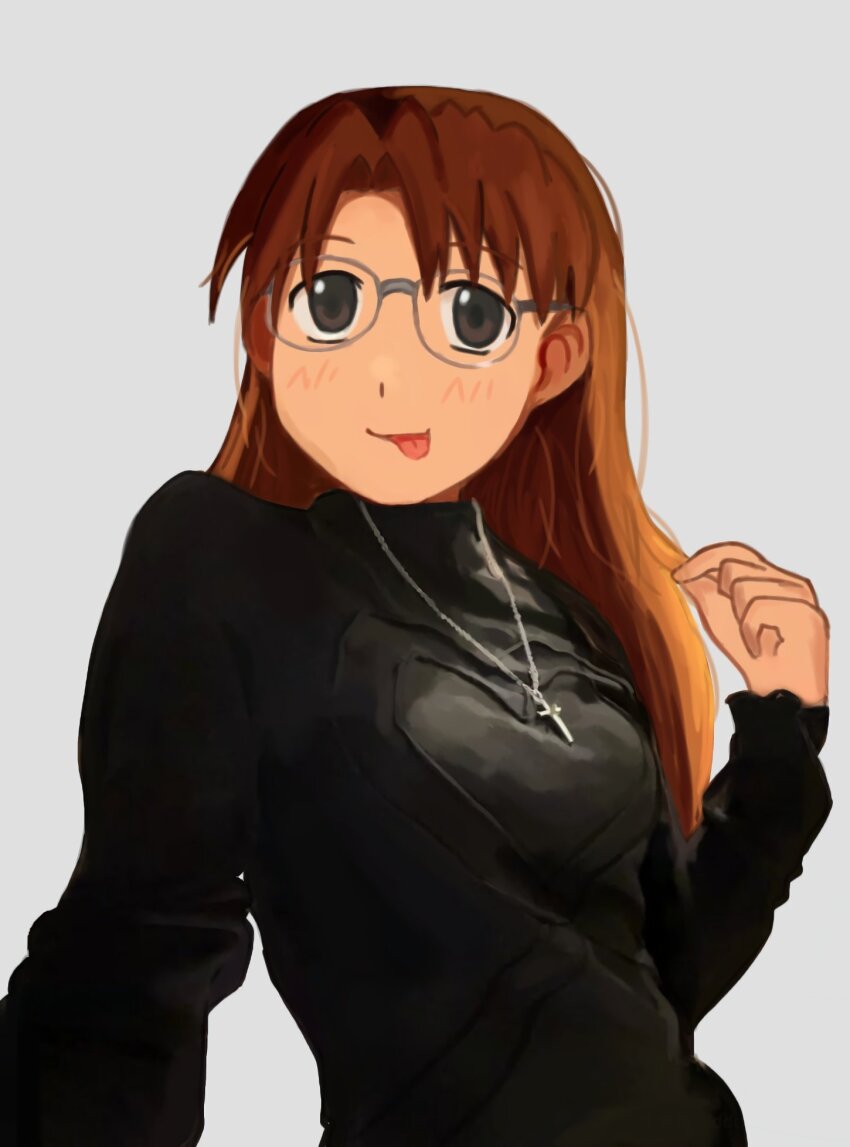 1girl :p azumanga_daiou black_sweater blush breasts brown_eyes brown_hair closed_mouth commentary cross cross_necklace glasses grey-framed_eyewear hand_up helloaite highres jewelry long_hair medium_breasts mizuhara_koyomi necklace pendant playing_with_own_hair rectangular_eyewear solo sweater tongue tongue_out turtleneck turtleneck_sweater upper_body white_background