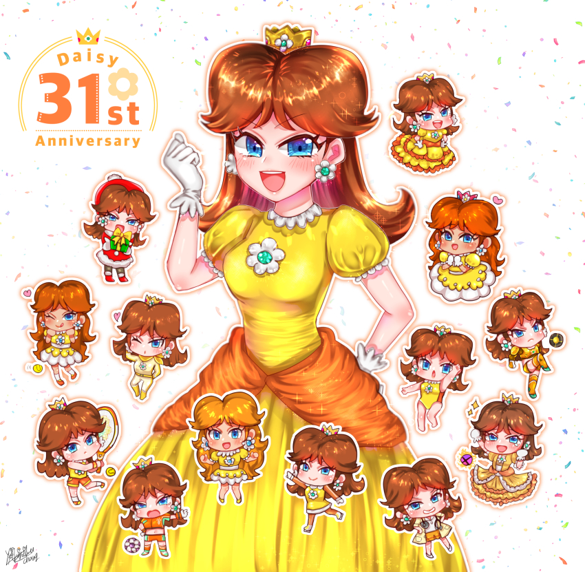 6+girls absurdres anniversary blue_eyes breasts brown_hair crown dr._mario_(game) dr._mario_world dress earrings flower_earrings grin hat highres jacket jewelry leotard looking_at_viewer mario_&amp;_sonic_(series) mario_&amp;_sonic_at_the_london_2012_olympic_games mario_&amp;_sonic_at_the_olympic_games_(2007) mario_(series) mario_golf mario_kart mario_open_golf mario_party mario_strikers_(series) mario_tennis multiple_girls nintendo one_eye_closed open_mouth orange_dress princess_daisy puffy_short_sleeves puffy_sleeves retro_artstyle short_sleeves shorts skirt smash_ball smile super_mario_bros._1 super_mario_land super_mario_strikers super_smash_bros. tomboy wink