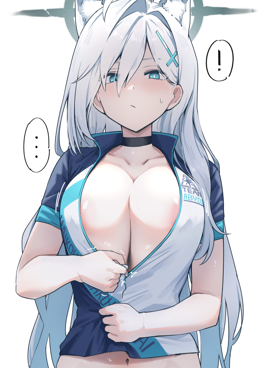 ... 1girl animal_ear_fluff animal_ears areola_slip black_choker blue_archive blue_eyes blush breasts choker cleavage collarbone cycling_uniform extra_ears hair_between_eyes hair_intakes halo highres large_breasts long_hair mismatched_pupils nameco_(nameco_h) navel no_bra shiroko_(blue_archive) shiroko_(cycling)_(blue_archive) shiroko_terror_(blue_archive) simple_background solo spoken_ellipsis undersized_clothes upper_body very_long_hair white_background wolf_ears