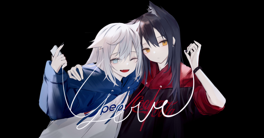 0_(znanimo) 2girls ;d absurdres animal_ears arknights black_background black_hair black_nails black_sweater blue_eyes blue_sweater digital_media_player ear_piercing extra_ears fang hair_between_eyes highres holding holding_digital_media_player hood hooded_sweater implied_extra_ears lappland_(arknights) long_hair long_sleeves looking_at_viewer multiple_girls nail_polish one_eye_closed open_mouth piercing red_sweater scar scar_across_eye simple_background skin_fang smile sweater texas_(arknights) two-tone_sweater white_hair white_sweater wolf_ears wolf_girl yellow_eyes