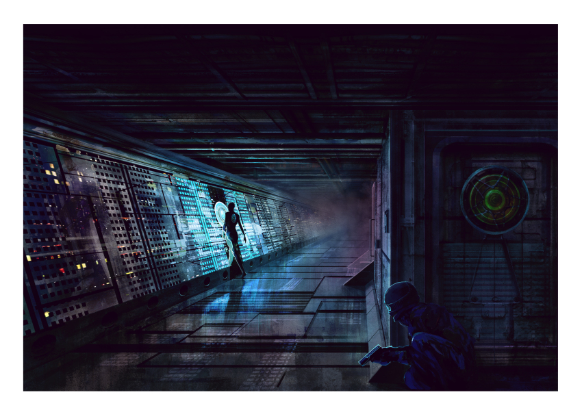 2boys absurdres border concept_art cyberpunk dark gun hallway handgun highres holding holding_gun holding_weapon home_nobi multiple_boys original reflection scenery science_fiction shadow weapon white_border