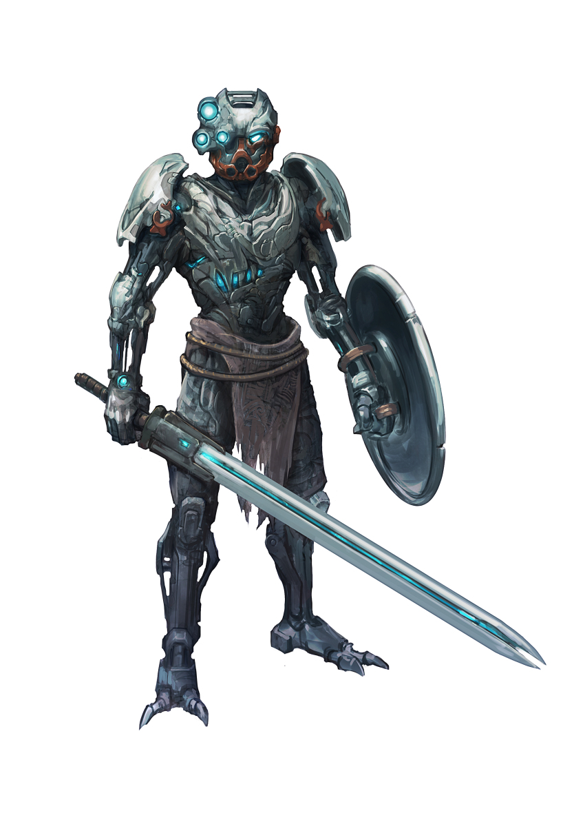 absurdres bionicle blue_eyes commentary english_commentary extra_eyes glowing glowing_eyes highres holding holding_shield holding_sword holding_weapon kanohi_(bionicle) kopaka_(bionicle) kory_cromie loincloth looking_at_viewer redesign shield sword the_lego_group weapon