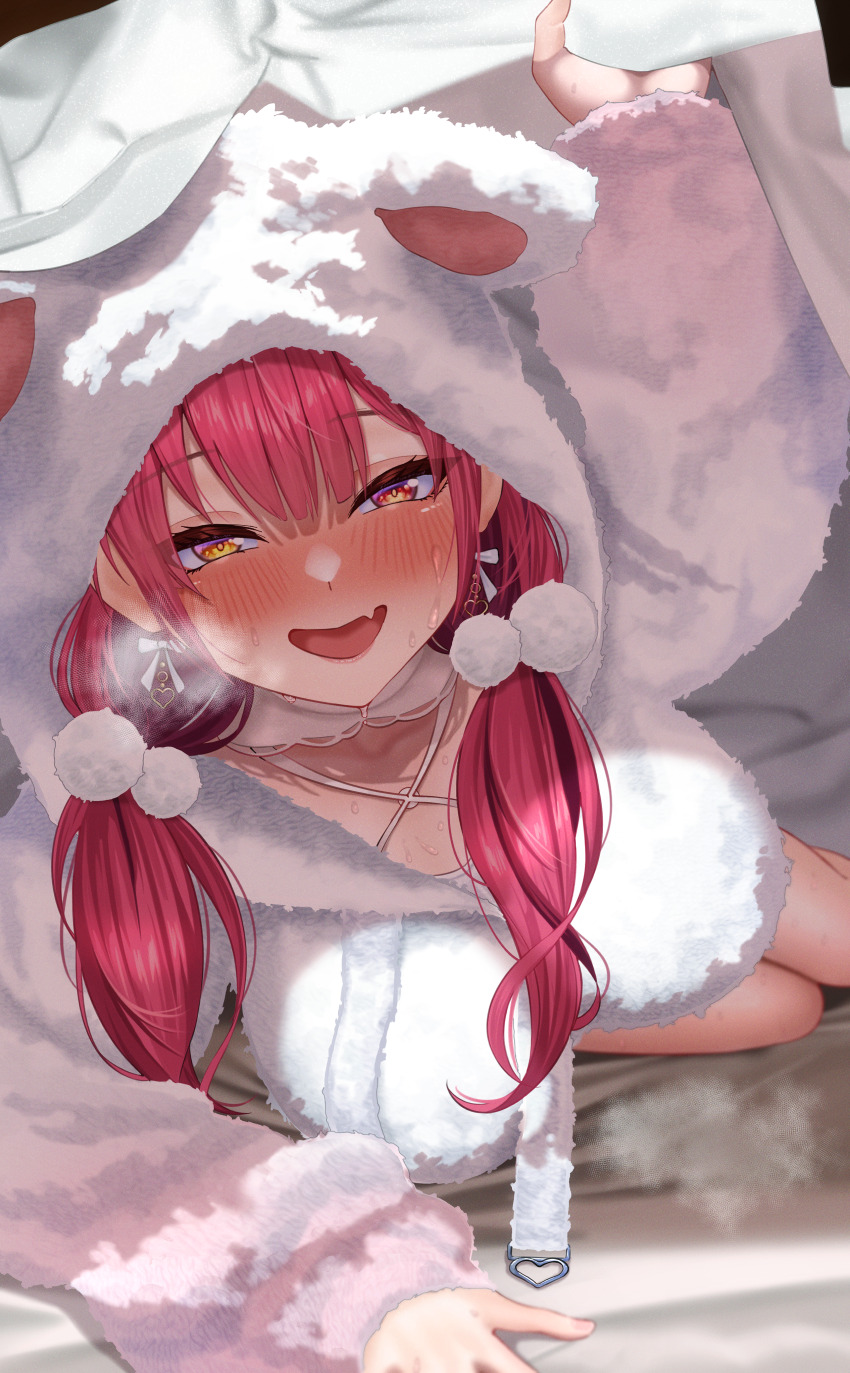 1girl 404_(pixiv_94263879) absurdres animal_hood bear_hood blush breasts choker collarbone fang fur_hoodie hair_ornament heterochromia highres hololive hood hoodie houshou_marine houshou_marine_(loungewear) large_breasts legs long_hair long_sleeves looking_at_viewer open_mouth pom_pom_(clothes) pom_pom_hair_ornament red_eyes red_hair skin_fang sleeves_past_wrists smile solo steaming_body twintails under_covers virtual_youtuber white_choker white_hoodie yellow_eyes