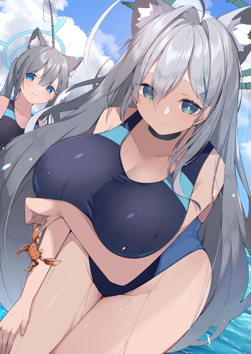 2girls absurdres animal_ear_fluff animal_ears black_one-piece_swimsuit blue_archive blue_eyes blue_sky breasts cloud competition_swimsuit crab cross_hair_ornament day dual_persona extra_ears grey_hair hair_ornament halo highres jam_(jamjam777) large_breasts long_hair low_ponytail medium_breasts medium_hair mismatched_pupils multicolored_clothes multicolored_swimsuit multiple_girls official_alternate_costume one-piece_swimsuit outdoors shiroko_(blue_archive) shiroko_(swimsuit)_(blue_archive) shiroko_terror_(blue_archive) sky swimsuit very_long_hair wolf_ears