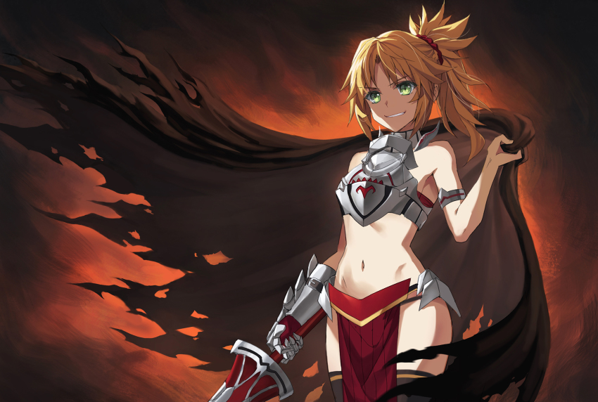 1girl armor bare_shoulders black_thighhighs blonde_hair braid breastplate breasts brown_cape cape clarent_(fate) fate/apocrypha fate_(series) faulds green_eyes grin hair_ornament hair_scrunchie half_up_braid highres long_hair looking_at_viewer mordred_(fate) mordred_(fate/apocrypha) navel parted_bangs pelvic_curtain ponytail scrunchie sidelocks small_breasts smile sword thighhighs thighs tonee weapon