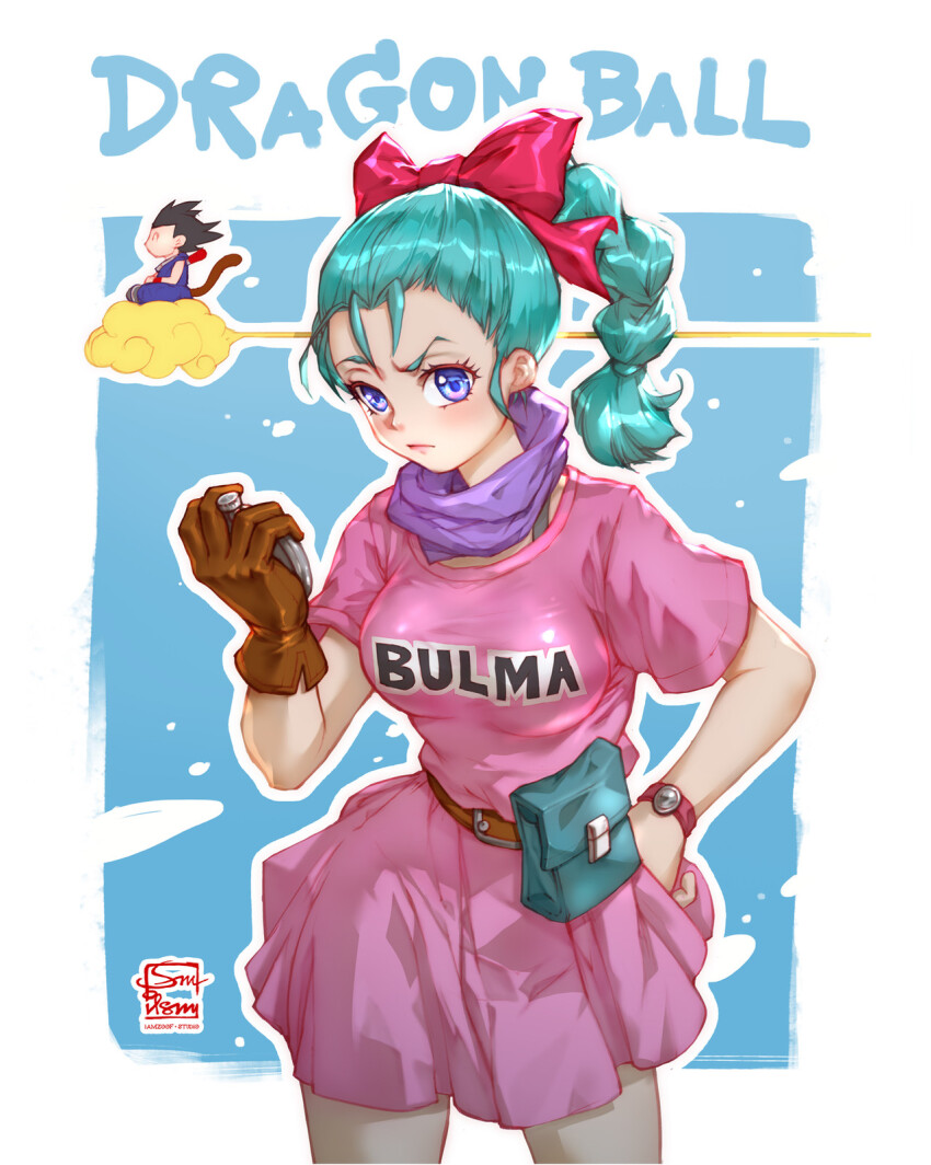 1boy 1girl aqua_hair belt belt_pouch blue_eyes braid braided_ponytail breasts brown_belt brown_gloves bulma character_name clothes_writing commentary contrapposto copyright_name dragon_ball dragon_ball_(classic) dragon_radar dress english_commentary flying_nimbus gloves hand_on_own_hip highres holding iamzoof long_hair medium_breasts monkey_tail paid_reward_available pink_dress pouch purple_scarf scarf single_glove sky_surfing solo_focus son_goku tail