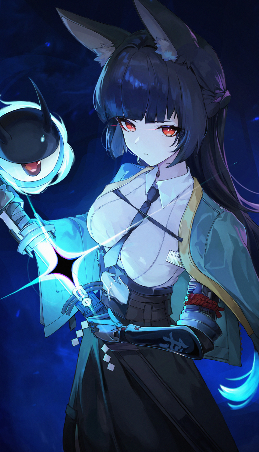 1girl absurdres animal_ear_fluff animal_ears aqua_jacket arm_out_of_sleeve black_hair black_necktie black_skirt blue_hair breasts bright_pupils collared_shirt commentary cowboy_shot drawing_sword eye_trail fox_ears fox_girl gauntlets glowing glowing_hair gradient_hair half_up_braid high-waist_skirt highres holding holding_sword holding_weapon hoshimi_miyabi id_card jacket light_trail long_hair looking_at_viewer medium_breasts multicolored_hair necktie parted_lips red_eyes scabbard sheath shide shirt single_gauntlet skirt solo sun_0205 sword tailless_(zenless_zone_zero) unsheathing weapon white_pupils white_shirt zenless_zone_zero