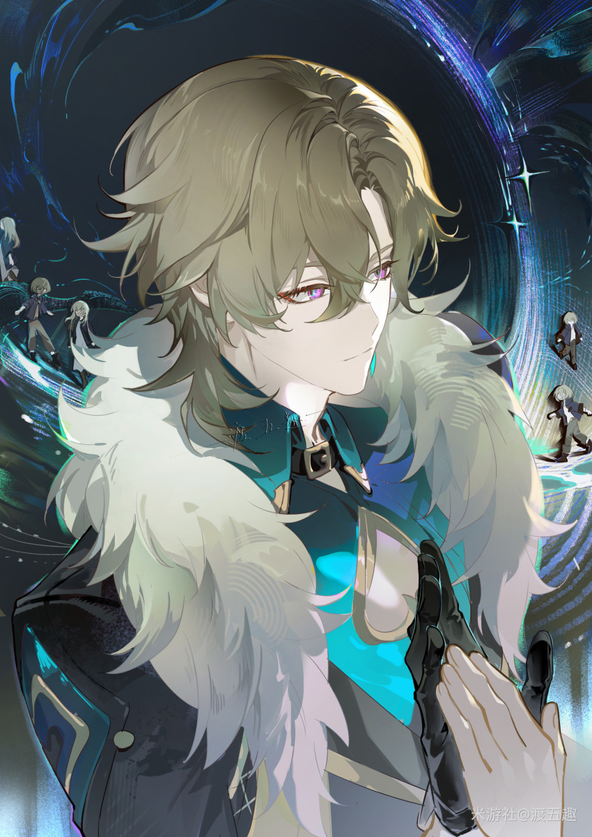 1boy absurdres aqua_shirt aventurine_(honkai:_star_rail) belt_collar black_gloves black_hole black_jacket blonde_hair blue_eyes chinese_commentary closed_mouth collar collared_shirt commentary_request fur-trimmed_jacket fur_trim gloves hair_between_eyes highres honkai:_star_rail honkai_(series) jacket kakavasha_(honkai:_star_rail) looking_ahead male_focus miyoushe_watermark multiple_views pink_eyes shirt single_glove solo_focus spade_cutout standing ste7619 three_quarter_view two-tone_eyes upper_body