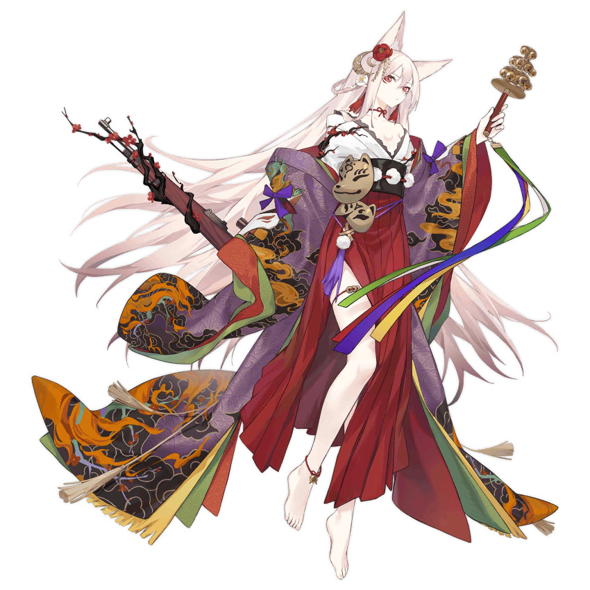 1girl animal_ears bare_legs barefoot bell bolt_action branch breasts chest_tattoo closed_mouth cloud_print crescent crescent_hair_ornament crescent_tattoo feet flower fox_ears fox_mask full_body girls&#039;_frontline gun hair_between_eyes hair_flower hair_ornament hakama hakama_skirt highres holding japanese_clothes jingle_bell kagura_suzu kar98k_(girls&#039;_frontline) kar98k_(inari_at_hatsu-uma_festival)_(girls&#039;_frontline) kemonomimi_mode kimono layered_kimono long_hair looking_at_viewer mask mauser_98 neck_ribbon off_shoulder official_alternate_costume official_art pom_pom_(clothes) purple_kimono red_flower red_hakama red_ribbon ribbon rifle side_slit simple_background skirt small_breasts smile_(mm-l) solo tanuki_mask tattoo thigh_strap third-party_source toes transparent_background very_long_hair weapon white_hair white_kimono wide_sleeves