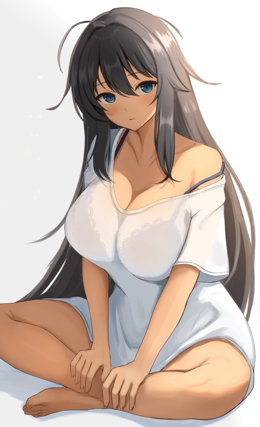 1girl ahoge black_bra black_hair blue_eyes blush bra bra_visible_through_clothes breasts cleavage commentary_request green_eyes hands_on_own_legs highres homura_(senran_kagura) indian_style large_breasts long_hair long_shirt looking_at_viewer messy_hair senran_kagura shirt sitting surippa1010 tan underwear very_long_hair white_background white_shirt