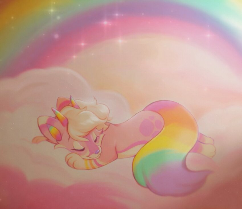 animal animal_focus closed_eyes cloud colorful commentary doekis highres horns lying no_humans original pastel_colors rainbow retro_artstyle sleeping smile solo sparkle symbol-only_commentary tail yume_kawaii