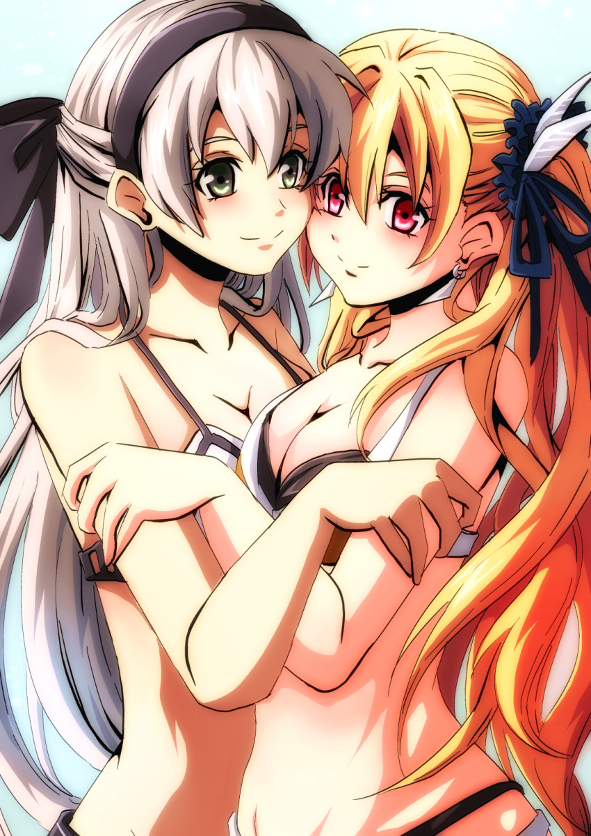 2girls akane_kazami alisa_reinford antenna_hair ao_no_kiseki bikini blonde_hair bow breasts commission double-parted_bangs earrings eiyuu_densetsu elie_macdowell falcom feather_hair_ornament feathers green_eyes hair_between_eyes hair_bow hair_ornament hajimari_no_kiseki half_updo highres hug jewelry large_breasts long_hair multiple_girls red_eyes sen_no_kiseki sen_no_kiseki_(series) sen_no_kiseki_iv simple_background skeb_commission swimsuit white_background white_hair zero_no_kiseki