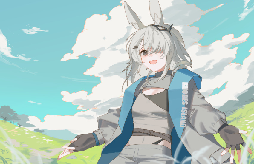 1girl :d animal_ears arknights black_gloves blue_jacket clothes_writing clothing_cutout cloud commentary cowboy_shot day fingerless_gloves frostnova_(arknights) gloves grass green_sky grey_eyes grey_hair grey_jacket grey_shirt hair_ornament hair_over_one_eye hairclip highres jacket long_hair long_sleeves looking_at_viewer one_eye_covered open_clothes open_jacket open_mouth outdoors plant scar scar_on_face scar_on_nose shirt sky smile solo standing strap two-sided_fabric two-sided_jacket volume_litre