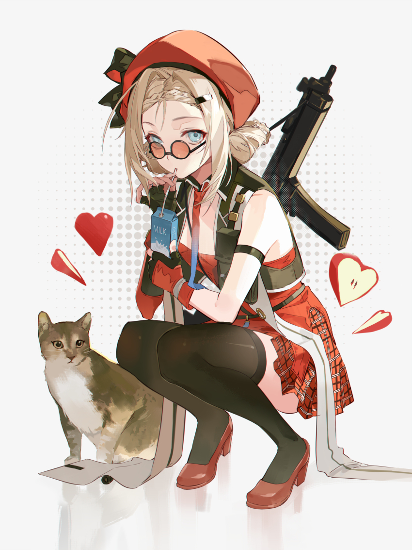 1girl absurdres black_gloves black_thighhighs blonde_hair blue_eyes blue_necktie cat chinese_commentary commentary_request drinking drinking_straw fingerless_gloves full_body girls&#039;_frontline girls&#039;_frontline_2:_exilium gloves gradient_necktie gun gun_sling heart high_heels highres holding holding_milk_carton looking_at_viewer medium_hair meng_ziya milk_carton mp5_(girls&#039;_frontline) necktie orange-tinted_eyewear plaid_clothes plaid_skirt pleated_skirt red_footwear red_gloves red_necktie red_skirt round_eyewear shoes simple_background skirt squatting submachine_gun thighhighs tinted_eyewear two-tone_gloves two-tone_necktie weapon white_background