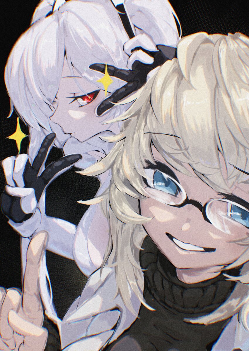 2girls abe_(nikke) absurdres black_sweater blonde_hair blue_eyes breasts cinderella_(nikke) cleavage_cutout closed_mouth clothing_cutout coat commentary english_commentary expressionless glasses goddess_of_victory:_nikke highres long_hair looking_at_viewer multiple_girls open_clothes open_coat open_mouth red_eyes smile sweater thenami turtleneck turtleneck_sweater upper_body v white_coat white_hair