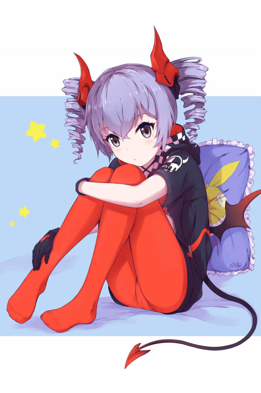 1girl :o black_gloves bronya_zaychik bronya_zaychik_(candy_demon) bronya_zaychik_(yamabuki_armor) bustier crotch_seam demon_girl demon_tail demon_wings drill_hair female_focus full_body gloves grey_eyes headgear highres honkai_(series) honkai_impact_3rd hood hoodie hugging_own_legs long_hair looking_at_viewer low_wings open_clothes open_hoodie pantyhose pillow red_pantyhose shibanme_tekikumo silver_hair sitting solo tail twin_drills twintails wings