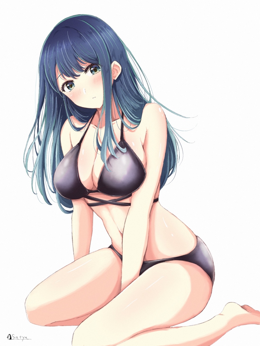 1girl barefoot bikini black_bikini blue_hair breasts cleavage commentary_request full_body green_eyes highres kurokawa_akane large_breasts long_hair looking_at_viewer multi-strapped_bikini_top navel oshi_no_ko satya simple_background sitting solo swimsuit wariza white_background